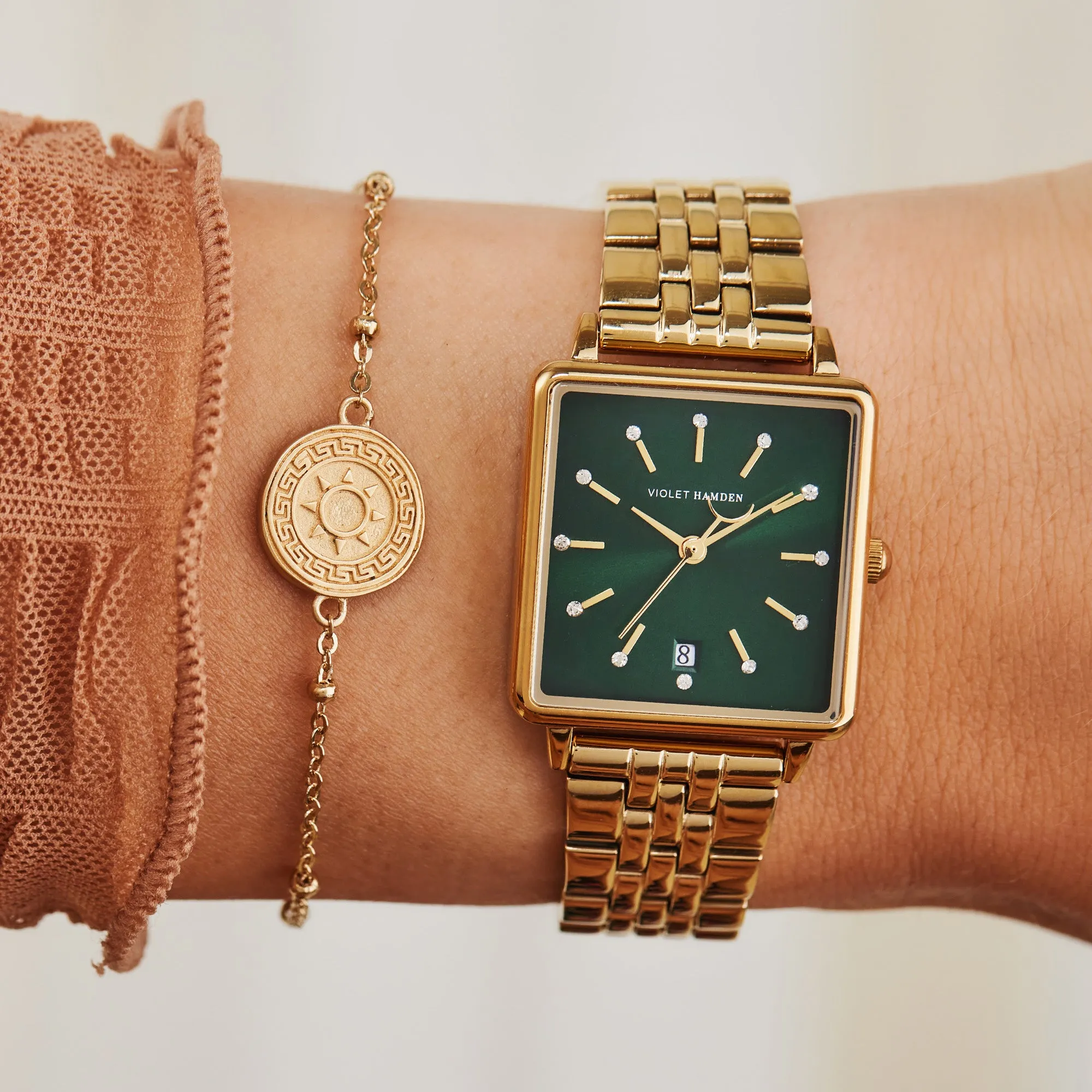 Dawn square ladies watch gold coloured and green