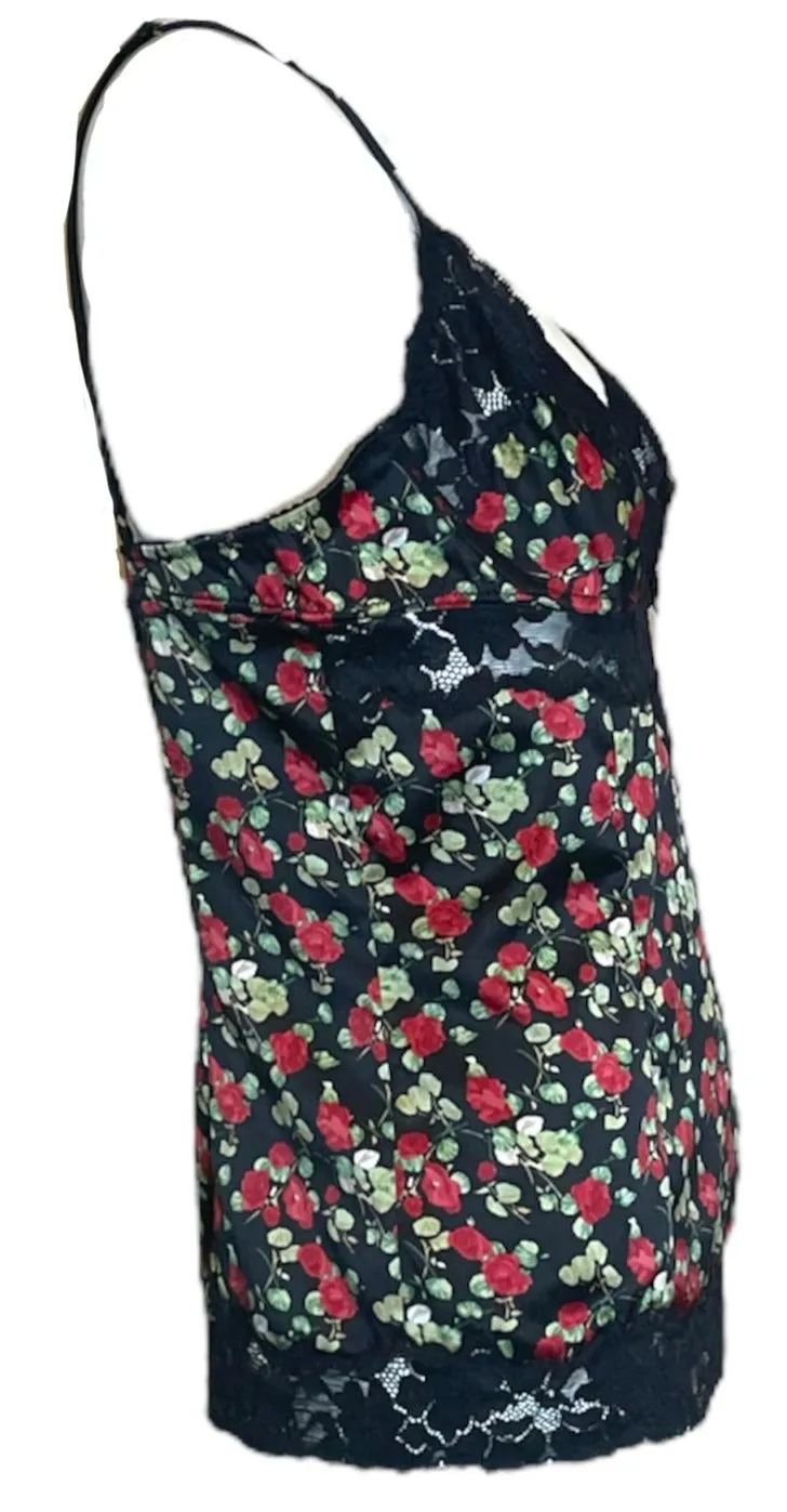 Dolce & Gabbana Y2K Rose Print Camisole with Black Lace Trim