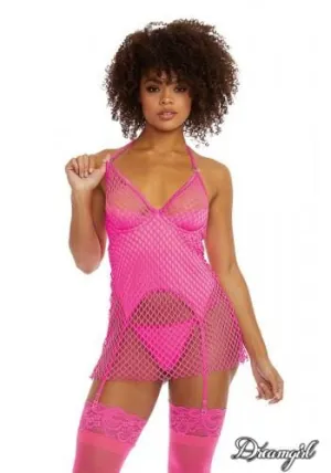Dreamgirl Net Overlay Garter Slip in Hot Pink