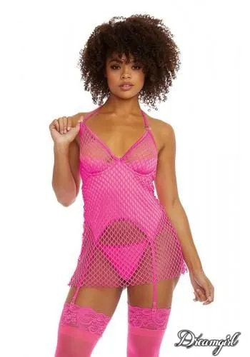 Dreamgirl Net Overlay Garter Slip in Hot Pink