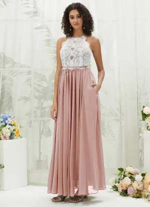 Dusty Pink Lace Halter Neck Backless Chiffon Slit Bridesmaid Dress