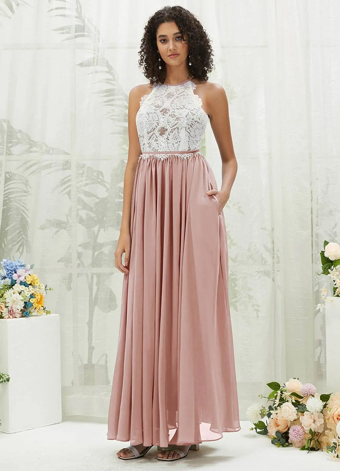 Dusty Pink Lace Halter Neck Backless Chiffon Slit Bridesmaid Dress