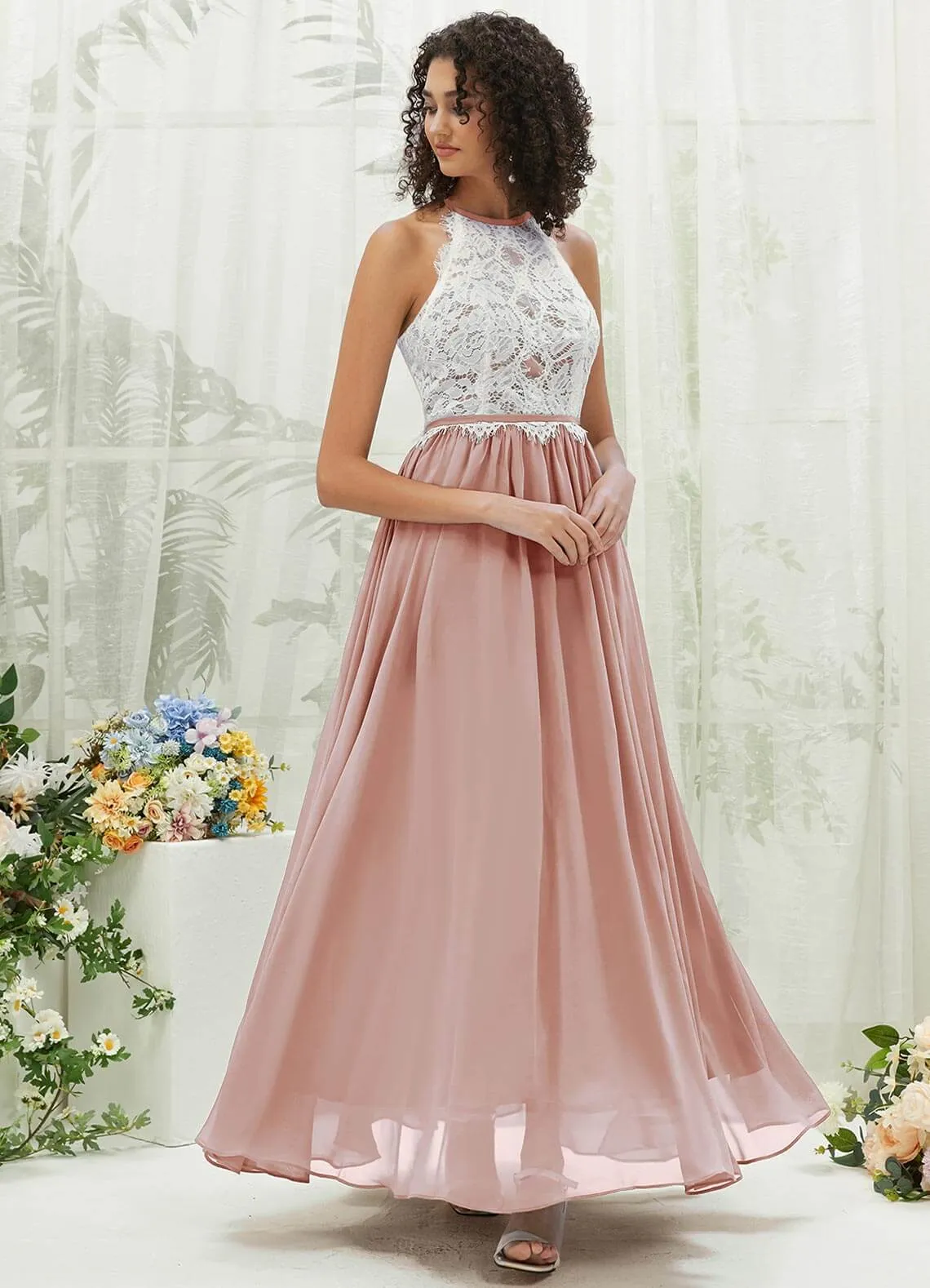 Dusty Pink Lace Halter Neck Backless Chiffon Slit Bridesmaid Dress