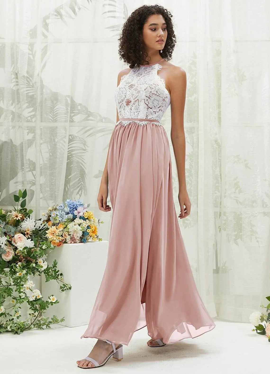 Dusty Pink Lace Halter Neck Backless Chiffon Slit Bridesmaid Dress