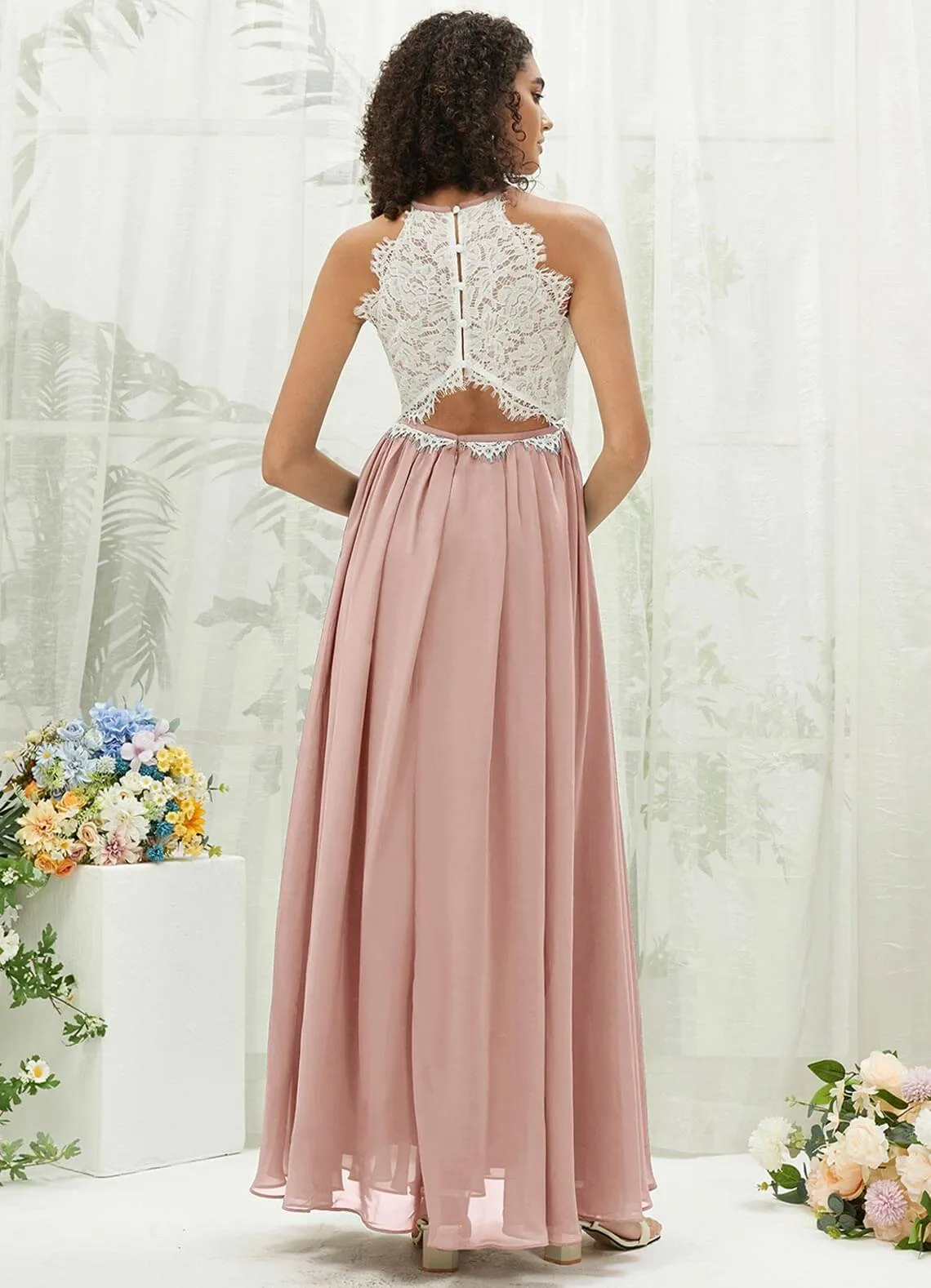 Dusty Pink Lace Halter Neck Backless Chiffon Slit Bridesmaid Dress