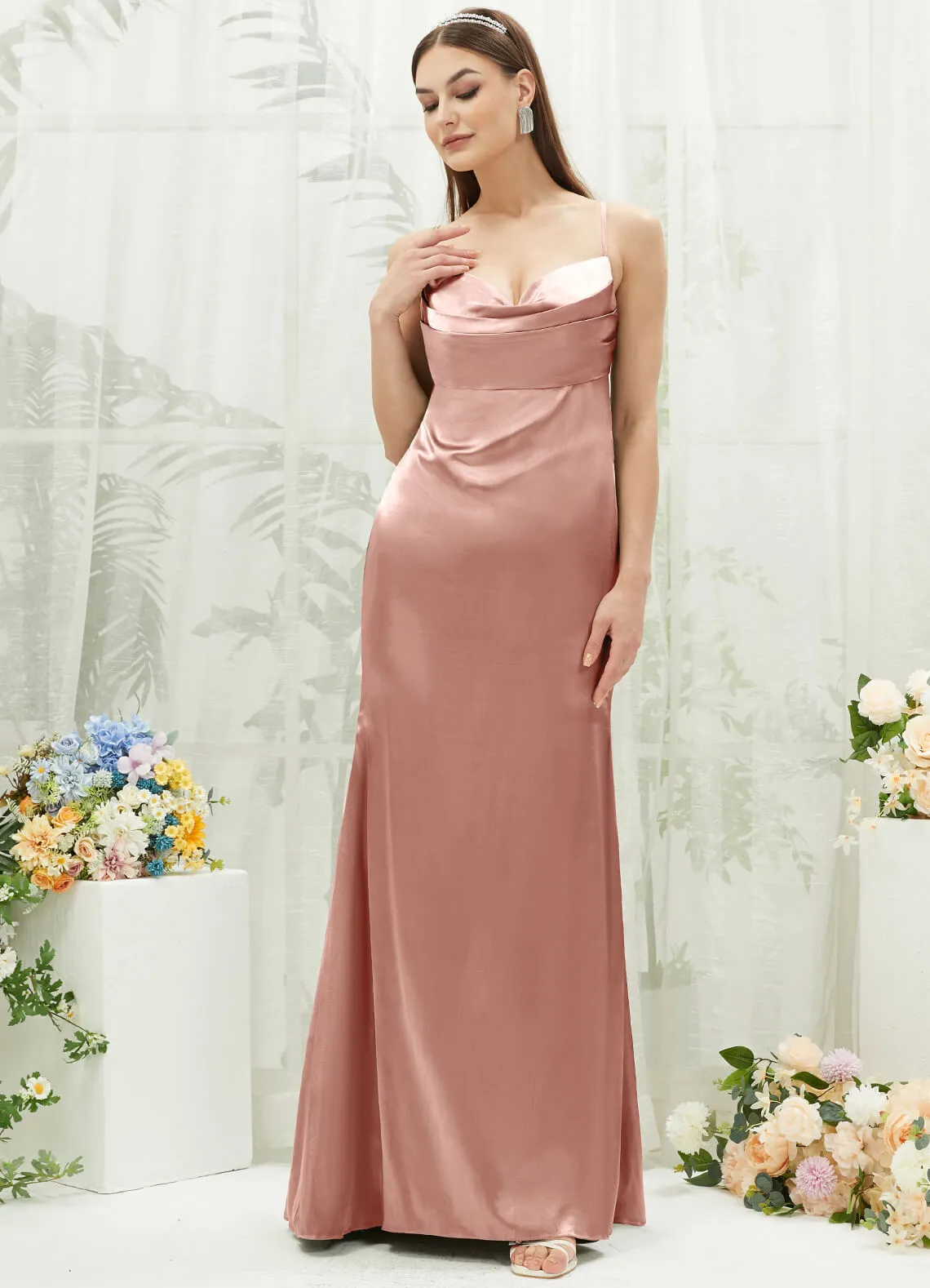 Dusty Pink Satin Cowl Neck Adjustable Straps Backless Long Bridesmaid Dress