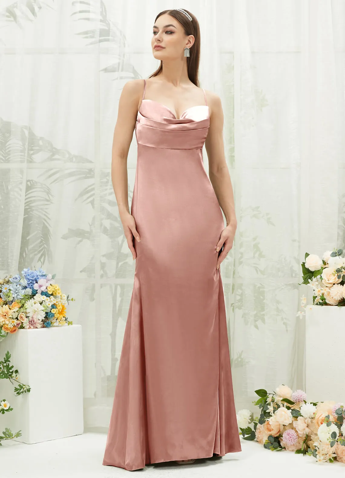 Dusty Pink Satin Cowl Neck Adjustable Straps Backless Long Bridesmaid Dress