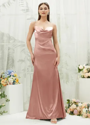 Dusty Pink Satin Cowl Neck Adjustable Straps Backless Long Bridesmaid Dress