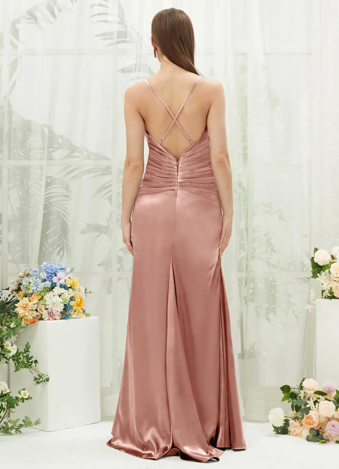 Dusty Pink Satin Cowl Neck Adjustable Straps Backless Long Bridesmaid Dress