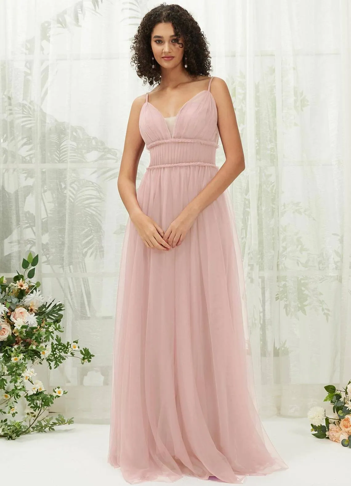 Dusty Pink Tulle Backless Pleated Pocket Floor Length Bridesmaid Dresses