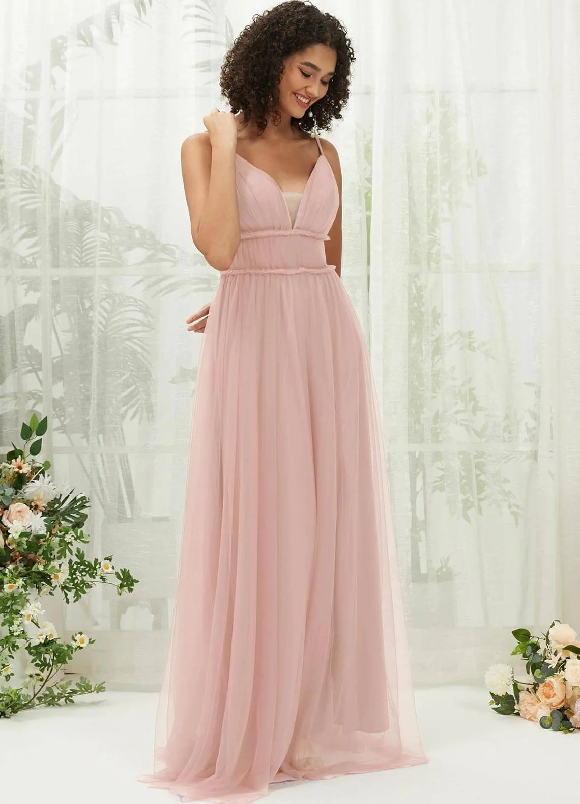 Dusty Pink Tulle Backless Pleated Pocket Floor Length Bridesmaid Dresses