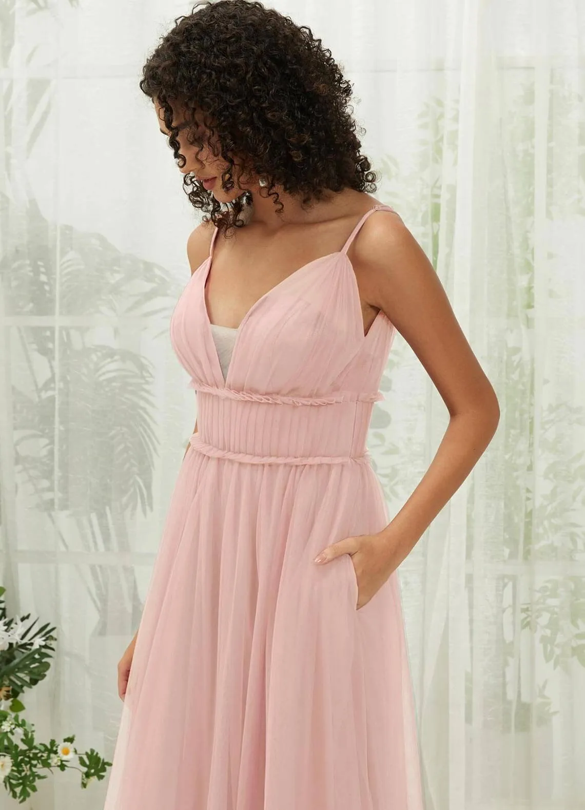 Dusty Pink Tulle Backless Pleated Pocket Floor Length Bridesmaid Dresses