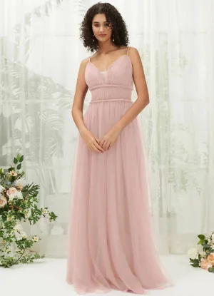 Dusty Pink Tulle Backless Pleated Pocket Floor Length Bridesmaid Dresses