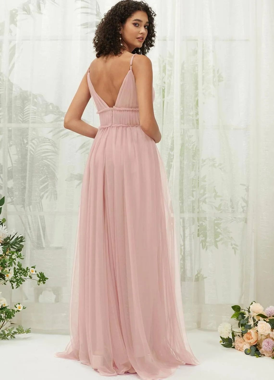 Dusty Pink Tulle Backless Pleated Pocket Floor Length Bridesmaid Dresses