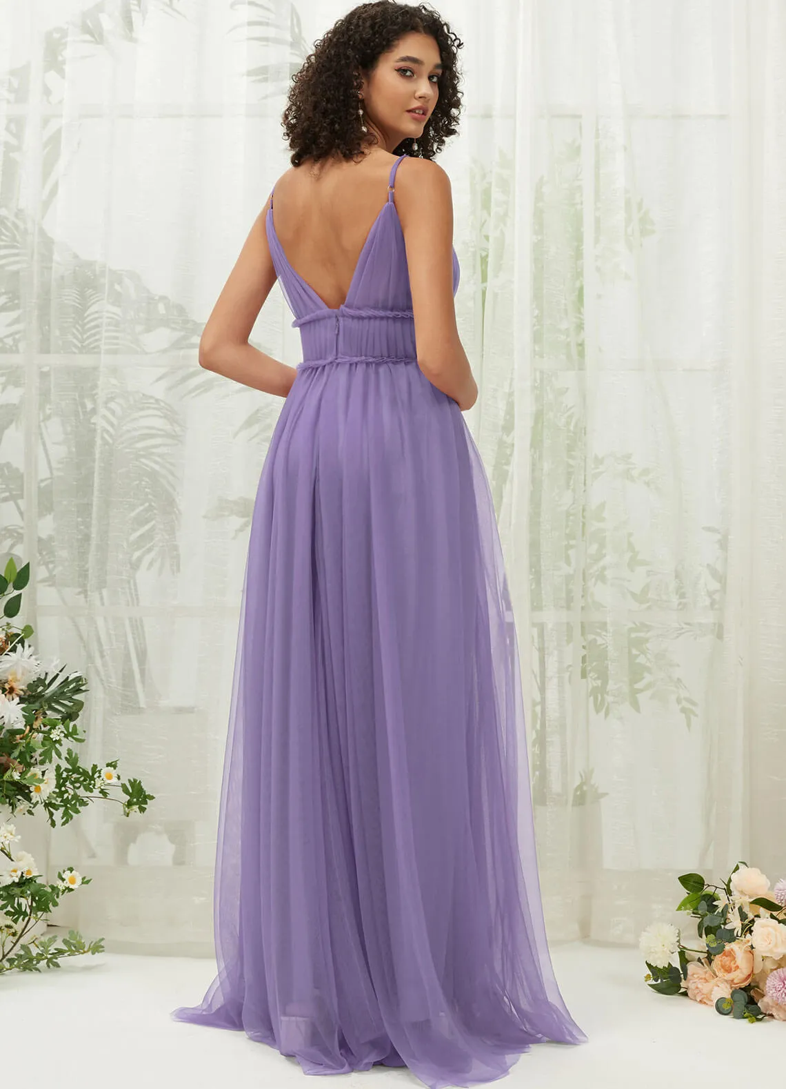 Dusty Purple Tulle Backless Pleated Pocket Floor Length Bridesmaid Dresses