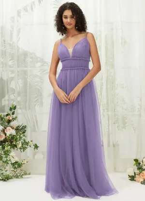 Dusty Purple Tulle Backless Pleated Pocket Floor Length Bridesmaid Dresses