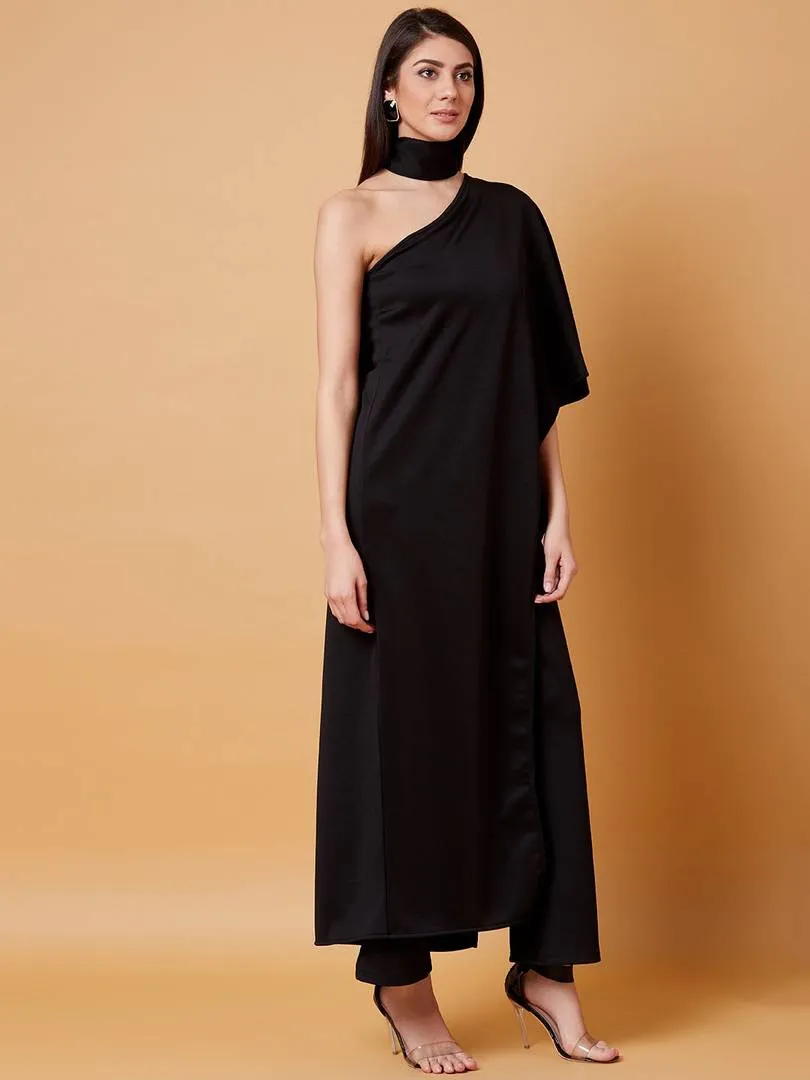 Elegant Black Scuba Solid Jumpsuit With Choker Neck For Women