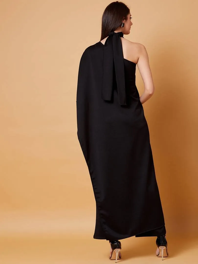 Elegant Black Scuba Solid Jumpsuit With Choker Neck For Women