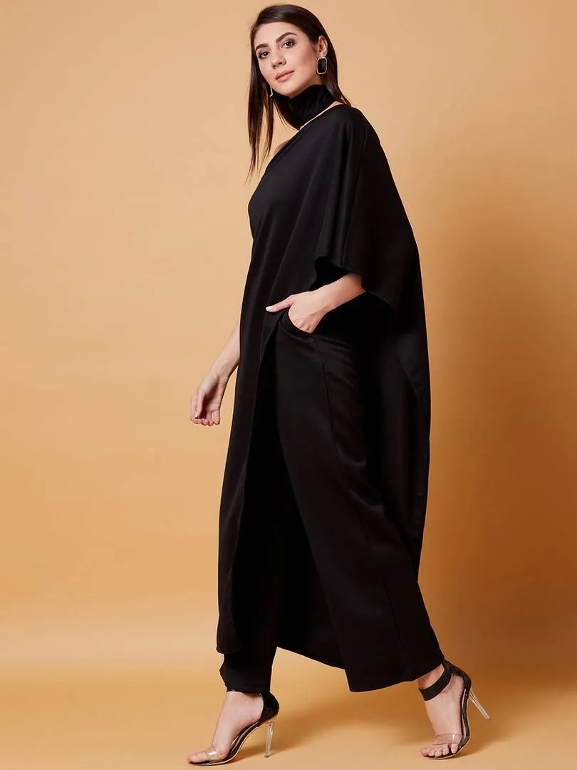 Elegant Black Scuba Solid Jumpsuit With Choker Neck For Women