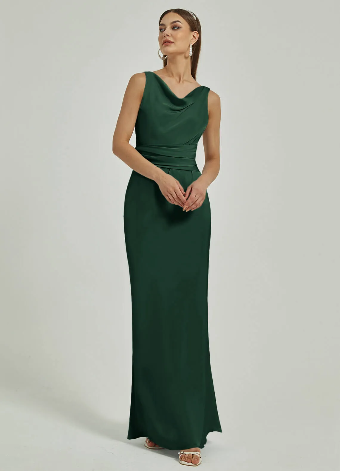 Emerald Green Silk Satin Cowl Neck Sheath Backless Maxi Bridesmaid Dress