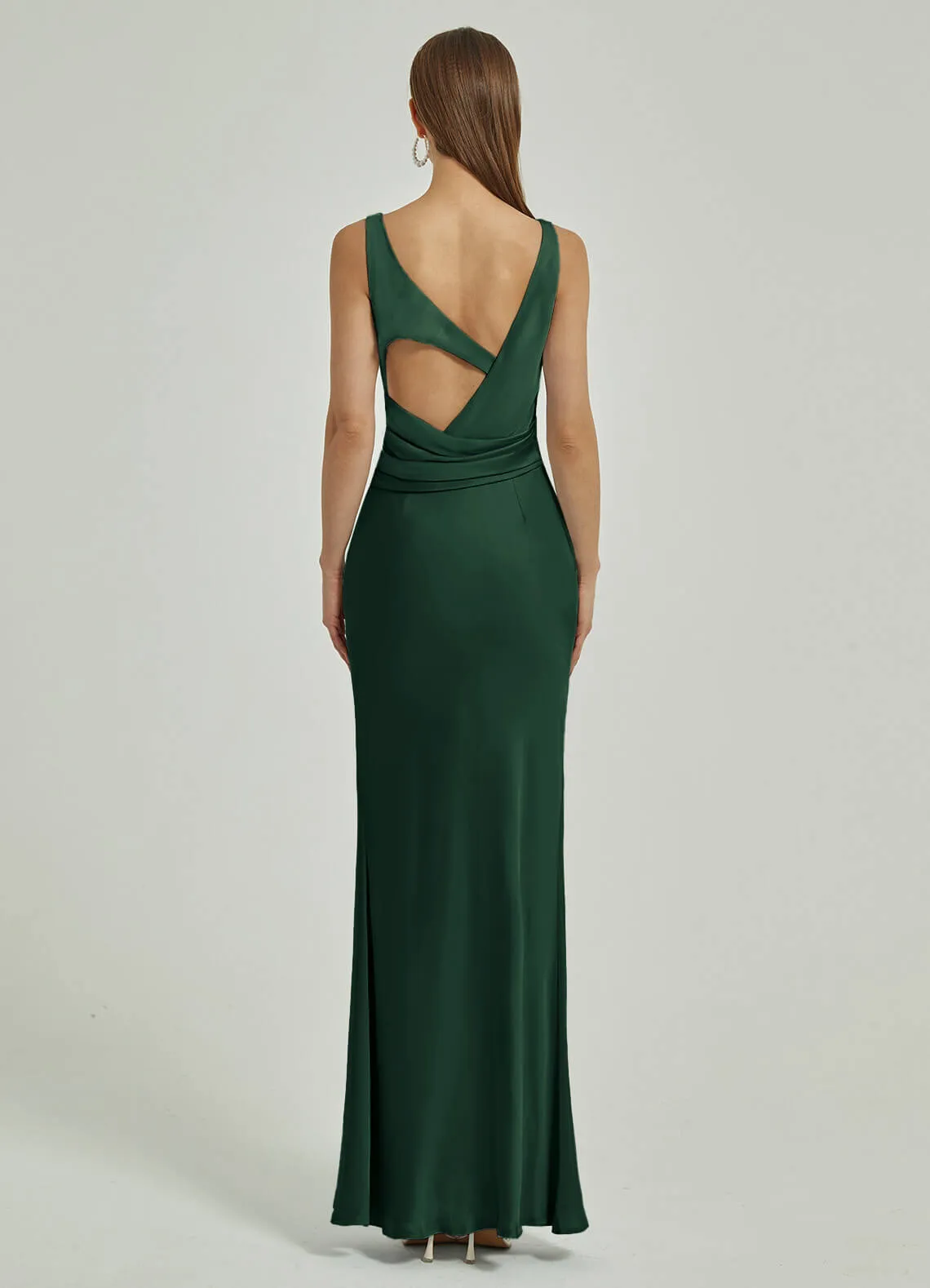 Emerald Green Silk Satin Cowl Neck Sheath Backless Maxi Bridesmaid Dress