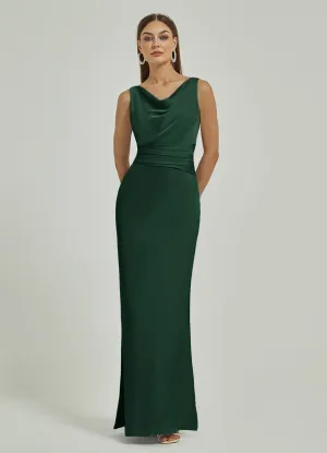 Emerald Green Silk Satin Cowl Neck Sheath Backless Maxi Bridesmaid Dress