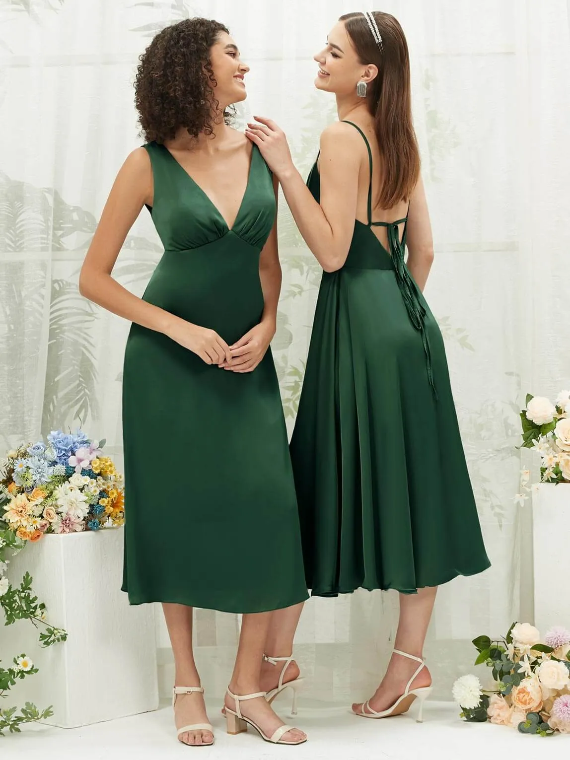 Emerald Green Silk Satin Cowl Neck Spaghetti Straps Button Slit Bridesmaid Dresses