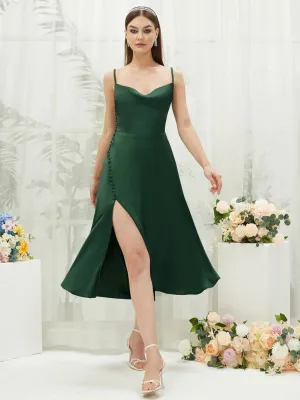 Emerald Green Silk Satin Cowl Neck Spaghetti Straps Button Slit Bridesmaid Dresses