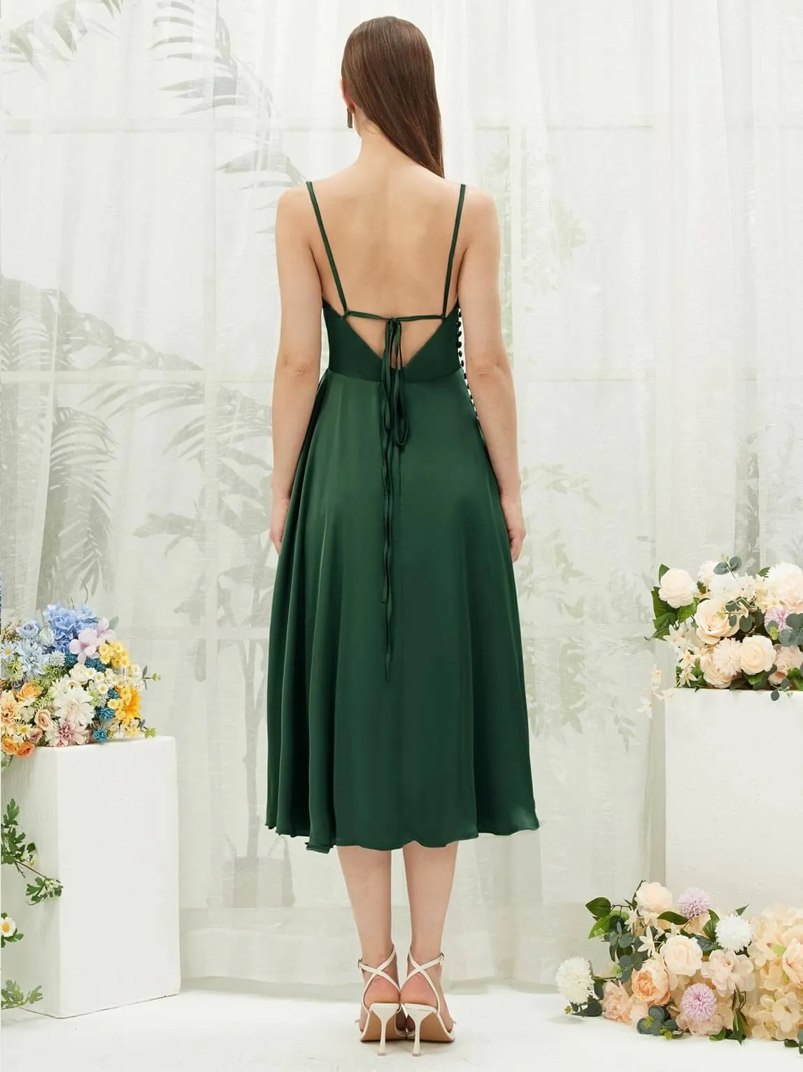 Emerald Green Silk Satin Cowl Neck Spaghetti Straps Button Slit Bridesmaid Dresses