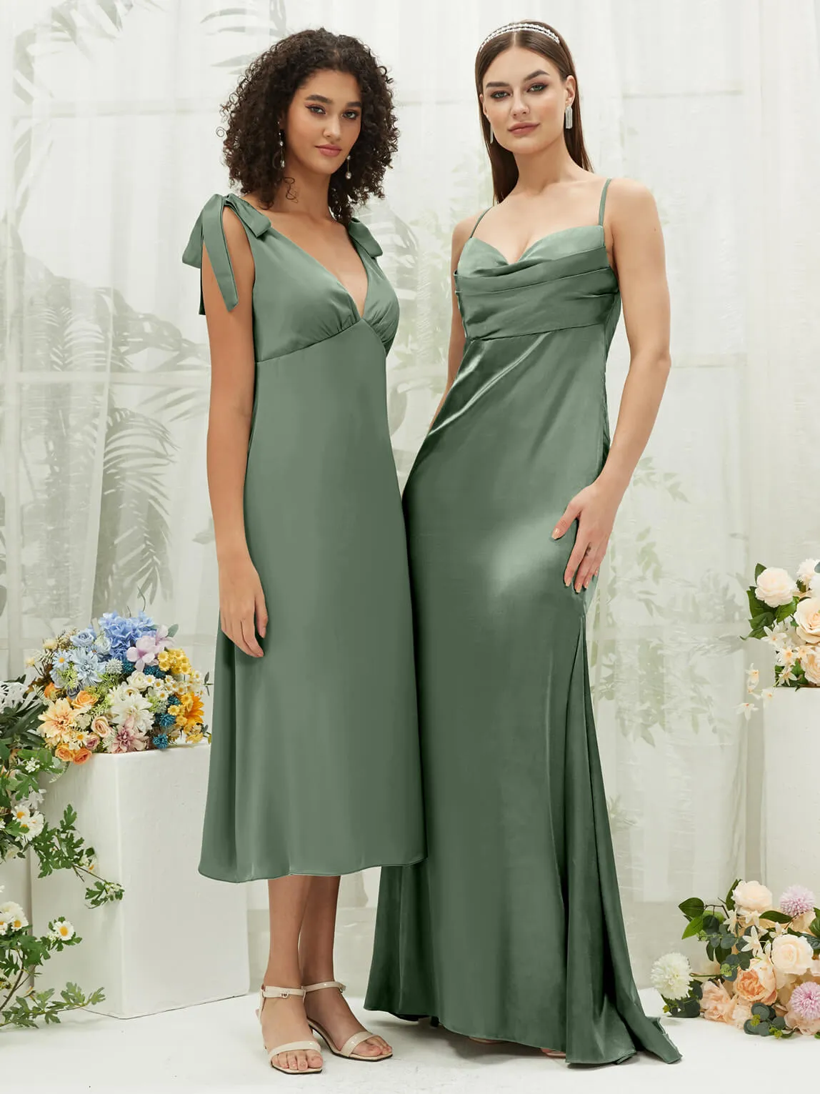 Eucalyptus Satin Cowl Neck Adjustable Straps Backless Long Bridesmaid Dress