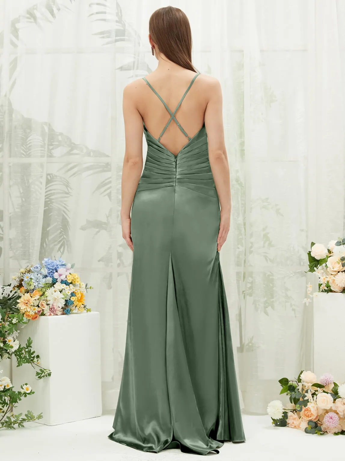 Eucalyptus Satin Cowl Neck Adjustable Straps Backless Long Bridesmaid Dress