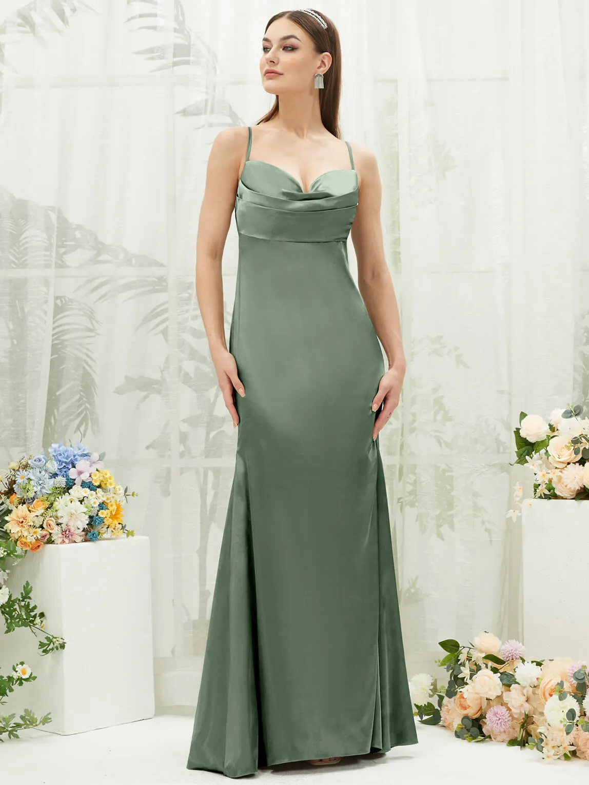 Eucalyptus Satin Cowl Neck Adjustable Straps Backless Long Bridesmaid Dress