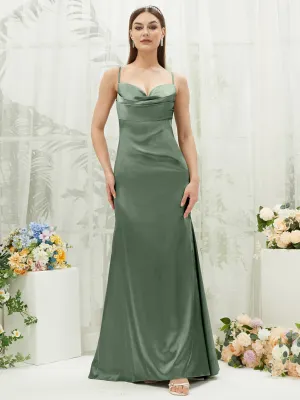 Eucalyptus Satin Cowl Neck Adjustable Straps Backless Long Bridesmaid Dress