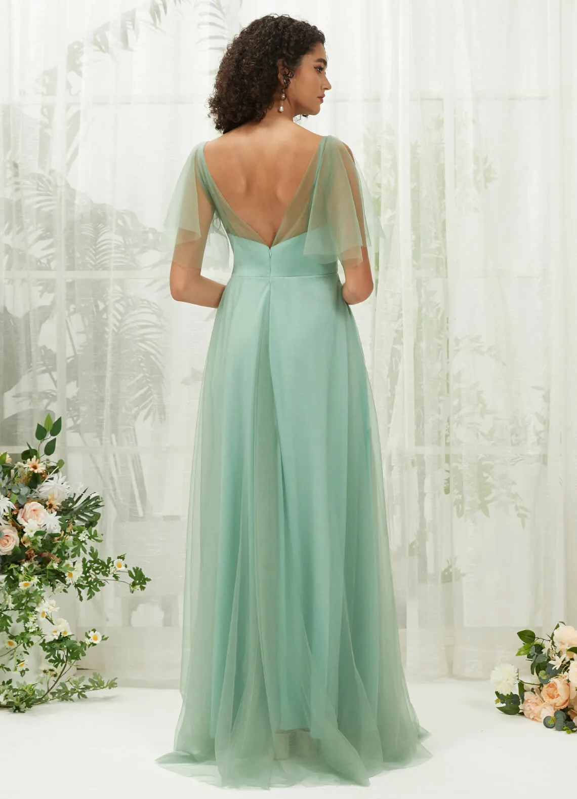 Eucalyptus Tulle Sweetheart Ruffle Sleeve Pocket Maxi Bridesmaid Dress