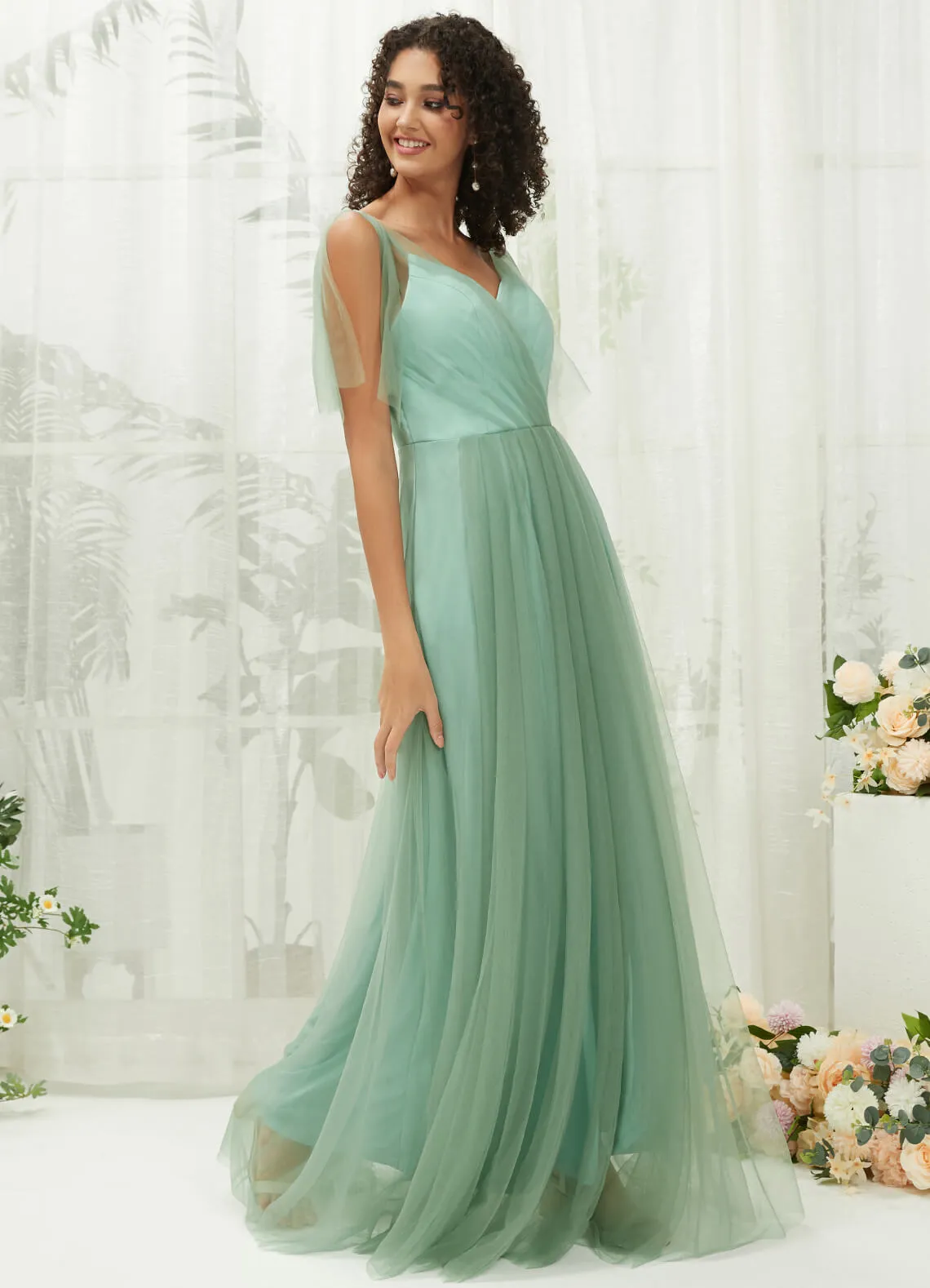 Eucalyptus Tulle Sweetheart Ruffle Sleeve Pocket Maxi Bridesmaid Dress