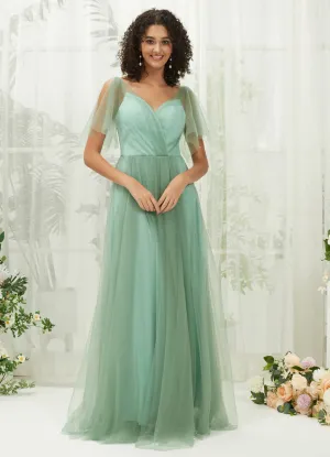 Eucalyptus Tulle Sweetheart Ruffle Sleeve Pocket Maxi Bridesmaid Dress