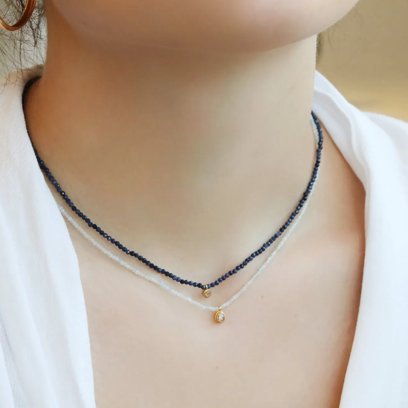 Faceted Aquamarine Beaded Necklace with 18K Gold Bezel-Set Cognac Diamond