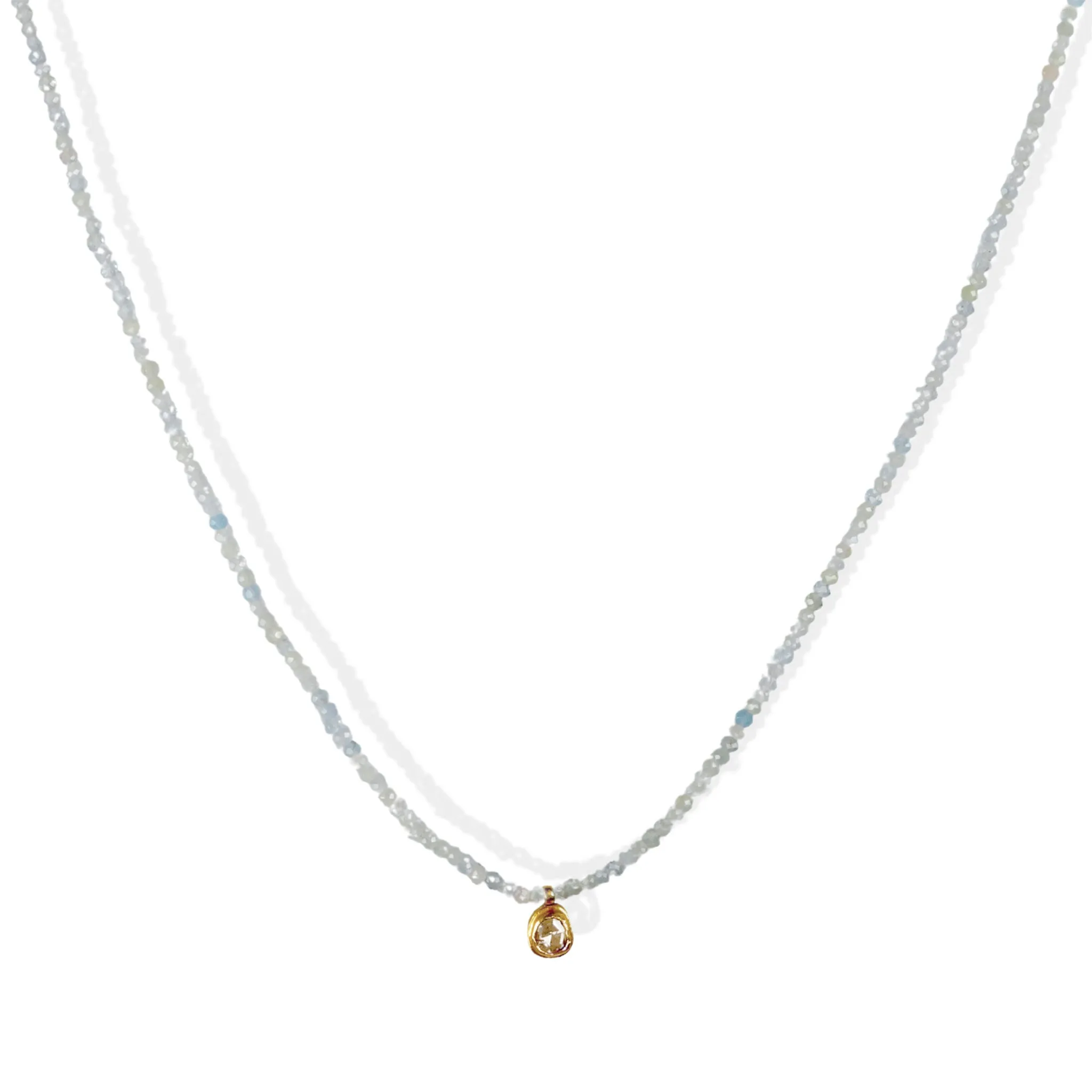 Faceted Aquamarine Beaded Necklace with 18K Gold Bezel-Set Cognac Diamond