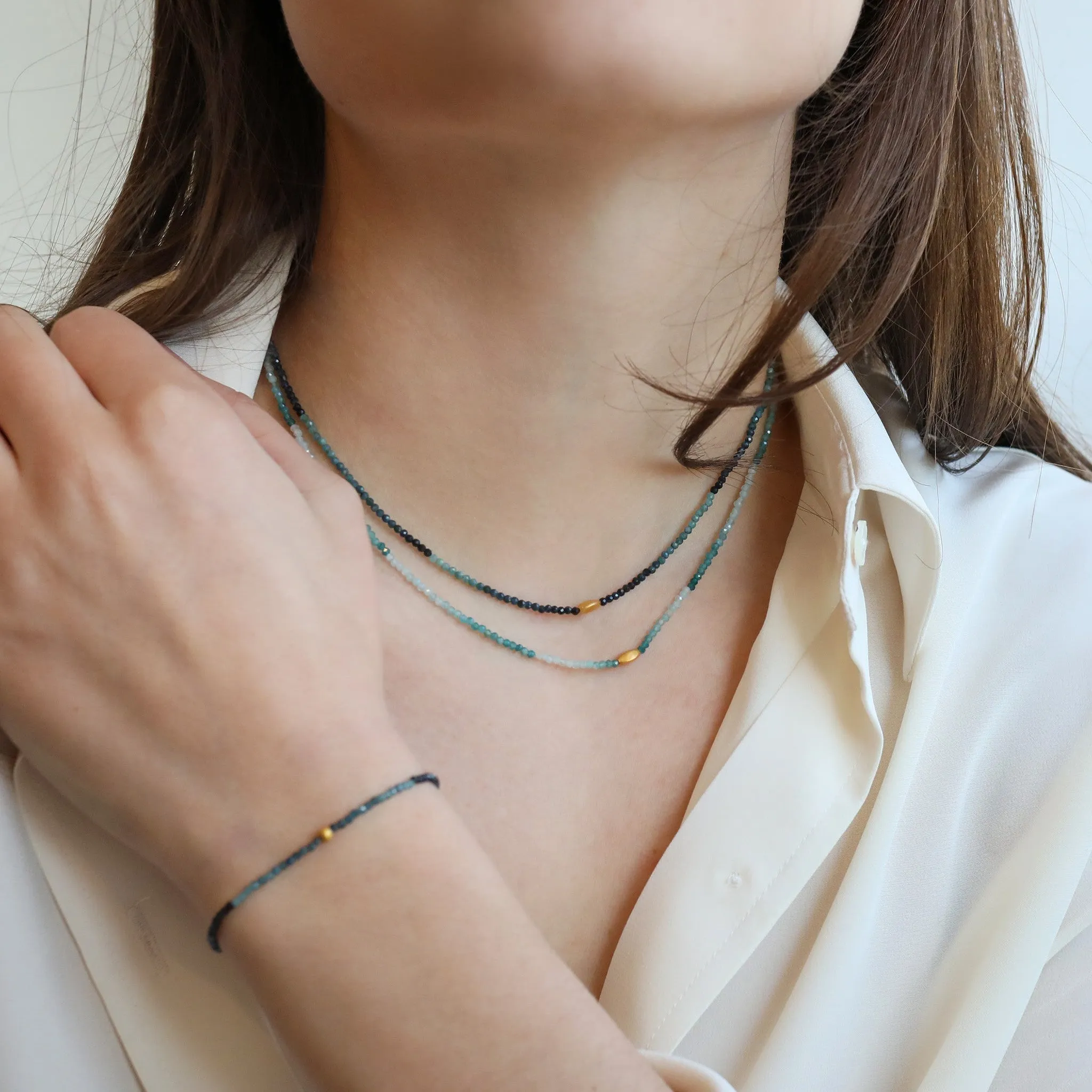 Faceted Blue Tourmaline Beaded Necklace with 18K Gold Marquise Bead & Clasp