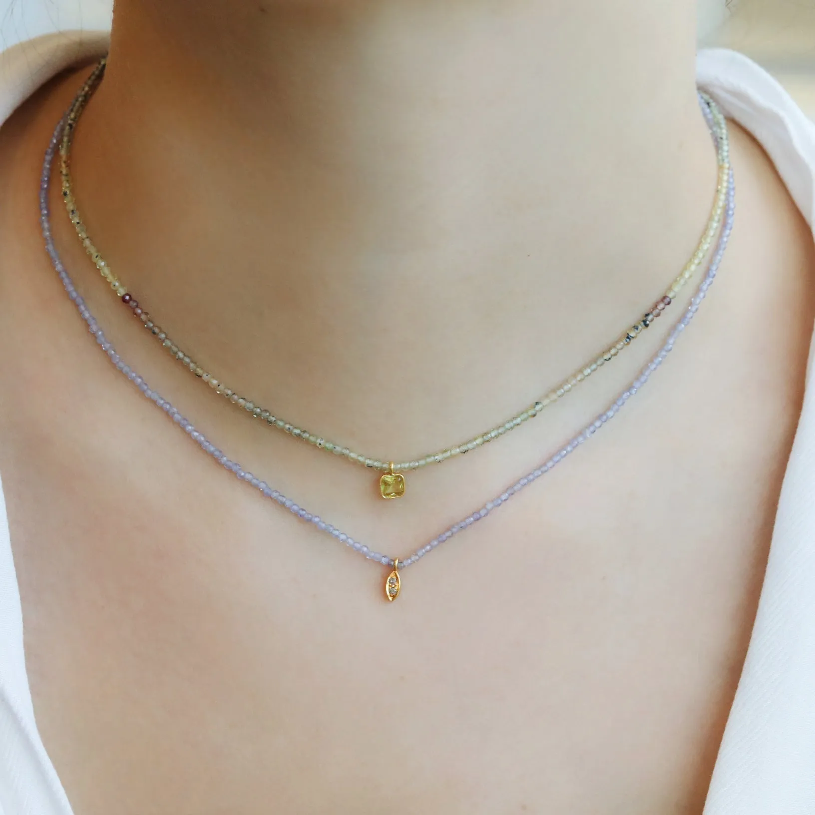 Faceted Tanzanite Beaded Necklace with 18K Gold Bezel-Set Cognac Diamond