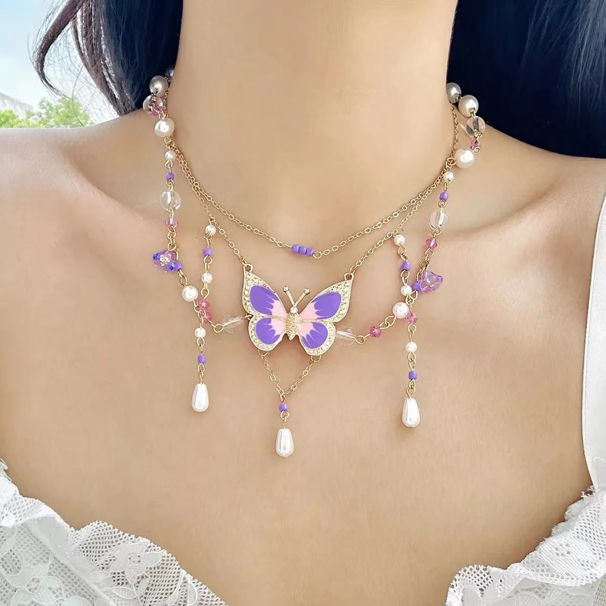 Fantasy Y2K Sweet Drip Oil Butterfly Tassel Pendant Choker Necklace