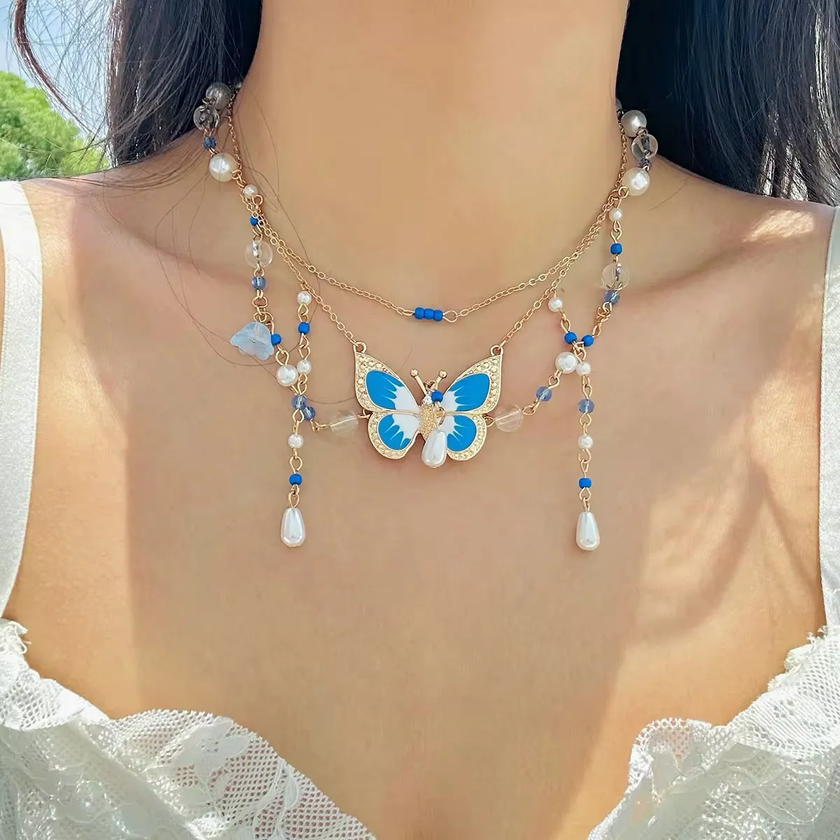 Fantasy Y2K Sweet Drip Oil Butterfly Tassel Pendant Choker Necklace