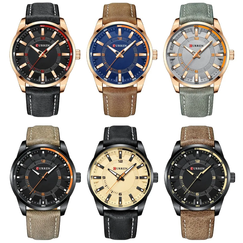 Fashion Brand Watch for Men Leather Strap Quartz Wristwatch