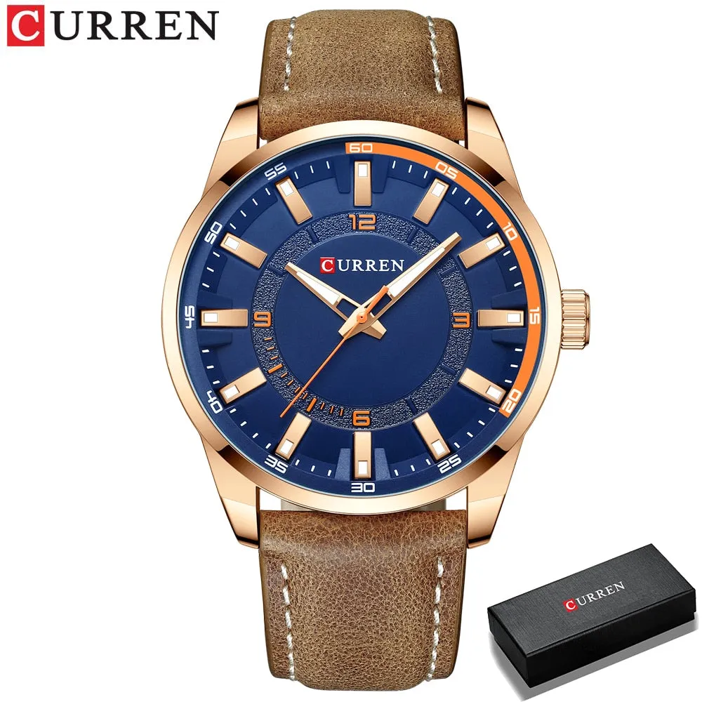 Fashion Brand Watch for Men Leather Strap Quartz Wristwatch