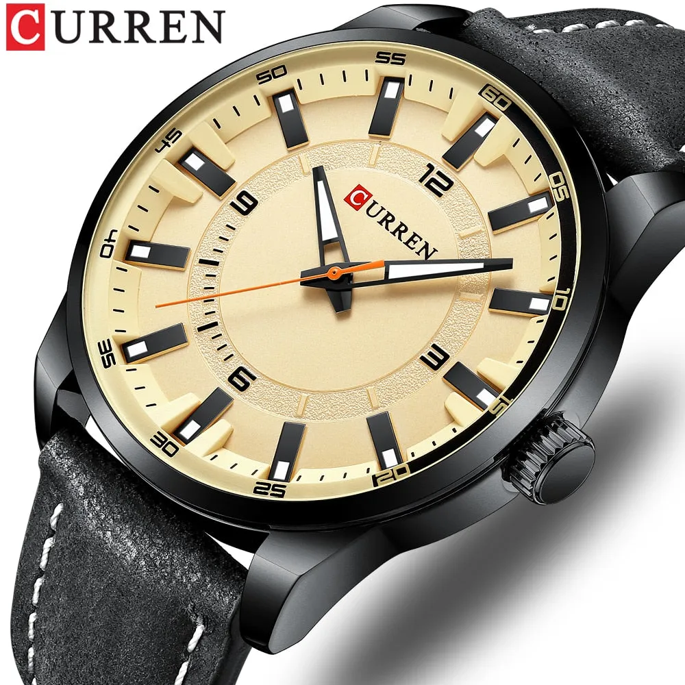 Fashion Brand Watch for Men Leather Strap Quartz Wristwatch