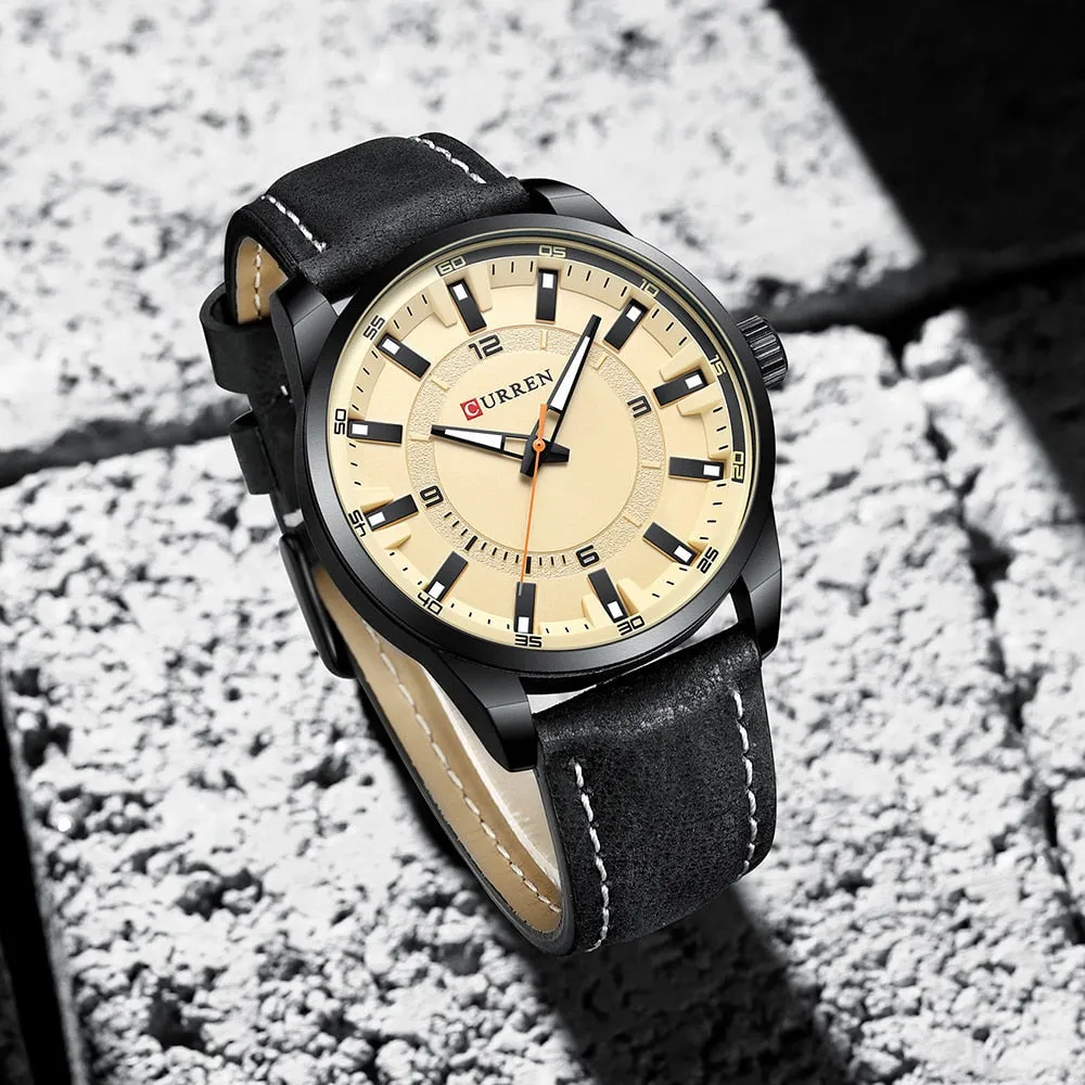 Fashion Brand Watch for Men Leather Strap Quartz Wristwatch