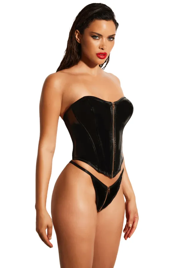 Fetish Rider Bustier & Thong Set - Black