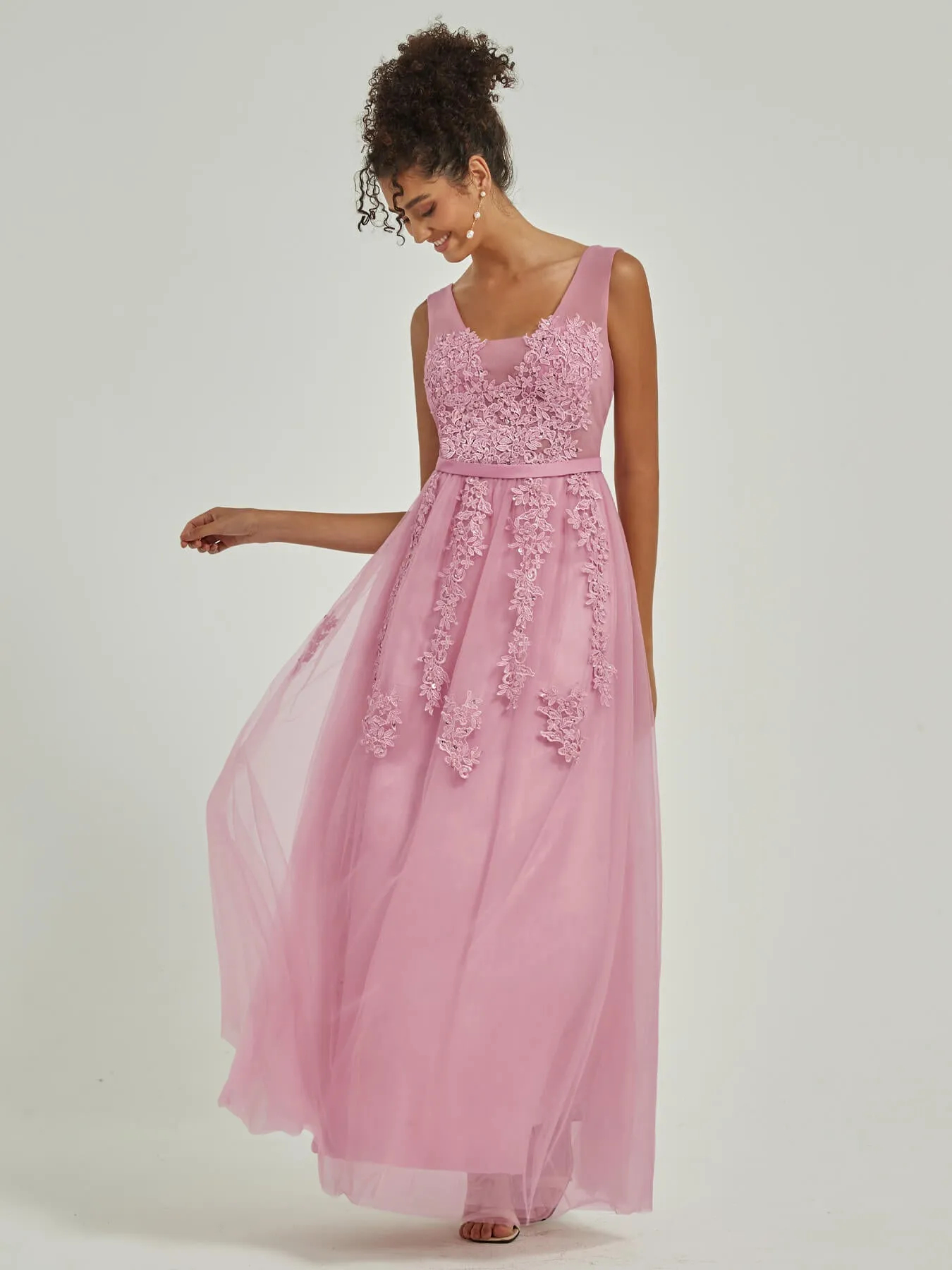 [Final Sale] Mauve Tulle Lace Sheer V-Neck Sleeveless Backless Bridesmaid Dresses
