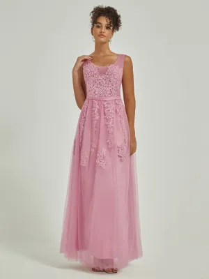 [Final Sale] Mauve Tulle Lace Sheer V-Neck Sleeveless Backless Bridesmaid Dresses