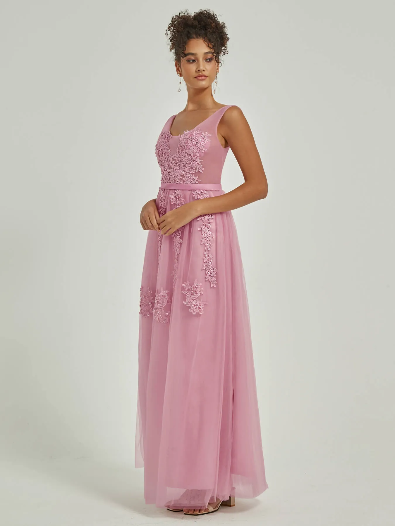 [Final Sale] Mauve Tulle Lace Sheer V-Neck Sleeveless Backless Bridesmaid Dresses